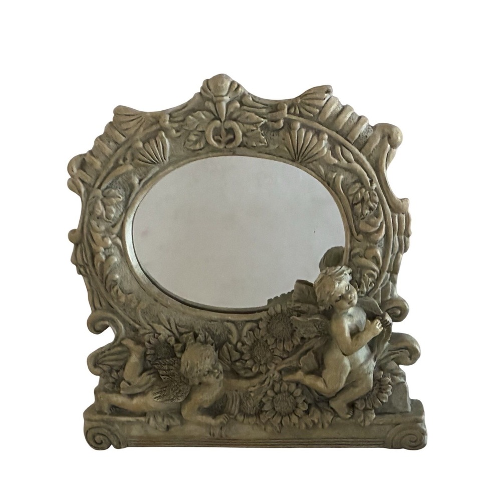 Vintage Cherubs‎ Table Mirror Picture Frame Resin 7.5x7.5" Decorative Boho